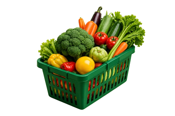Fresh groceries arranged in a market basket